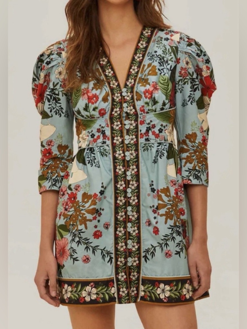 Farm Rio x Anthropologie Beauty Bouquet Blue Mini Dress Women's Medium Cotton - Picture 2 of 15